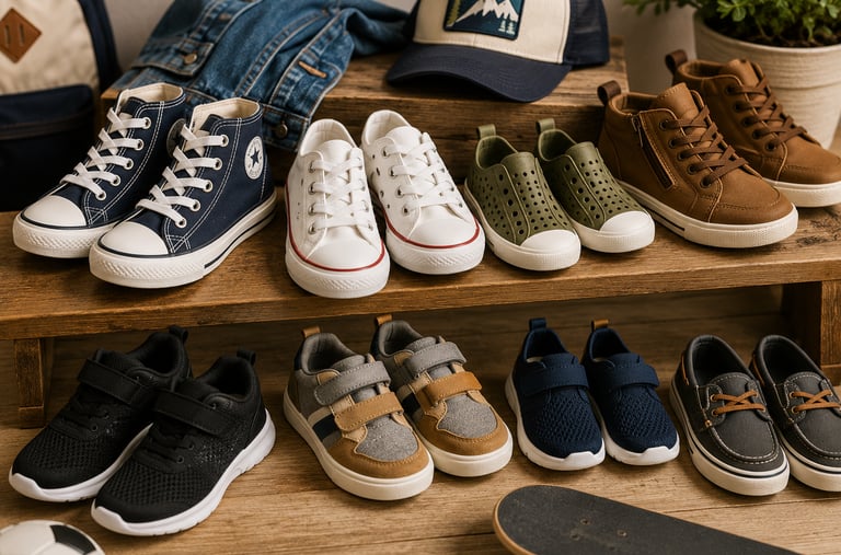 Collection of stylish children's shoes including sneakers, boots, and loafers displayed on wooden shelves with a skateboard.