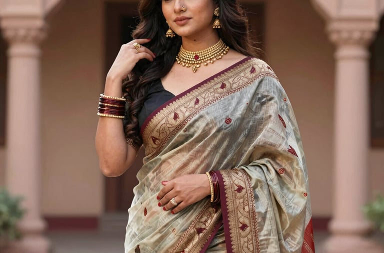 Elegant drape of a Mysore silk saree showcasing its smooth texture.