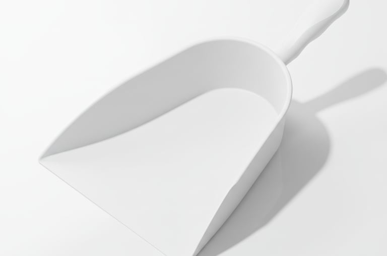 Flat white scoop top view. Wide loading mouth for bulk materials.