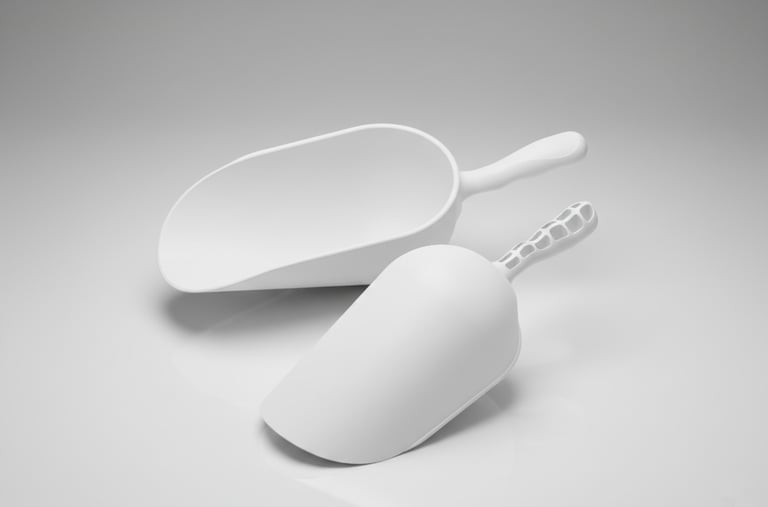 Set of white scoops in various sizes. Complete solution for food labs.