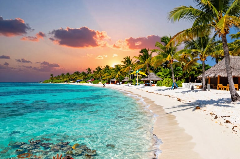 Crystal-clear turquoise waters of Cancún, Mexico, with soft white sand, swaying palm trees, luxuriou