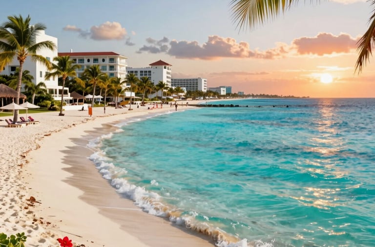 Crystal-clear turquoise waters of Cancún, Mexico, with soft white sand, swaying palm trees, luxuriou