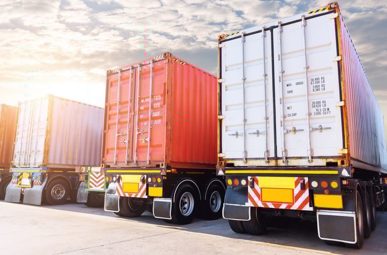 Row of Container Trucks. Cargo Container Shipping. Logistics. Freight Truck Import-Export. 