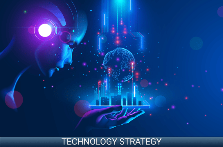 The futuristic view of the globe associated to the corporation denotes Technology Strategy
