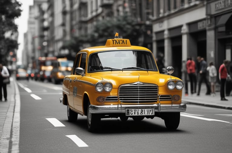 A red taxi with the branding 'Transcab' and a phone number is seen driving along a street. The vehicle is in motion, with a driver visible inside. The surroundings include a textured, gray stone building facade with some surveillance cameras mounted above.