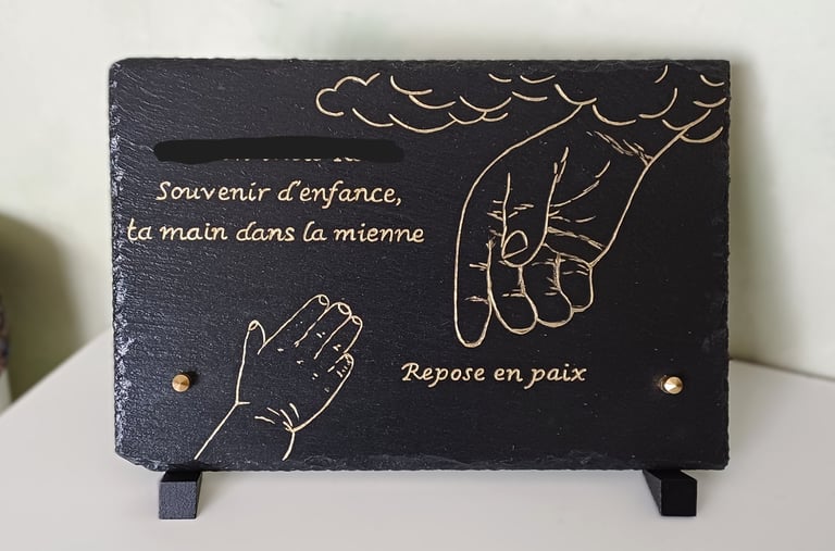Plaque funéraire à poser en ardoise, gravure or, dessin personnalisé, à acheter, Sepulture 49