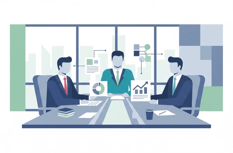 Business executives reviewing strategic planning documents with charts showing partnership opportuni