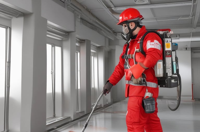 A fire safety setup featuring a red fire hose reel mounted on a wall alongside a rectangular red metal cabinet containing a fire hose and nozzle. Pipes and a valve are visible, highlighting the system's functionality.