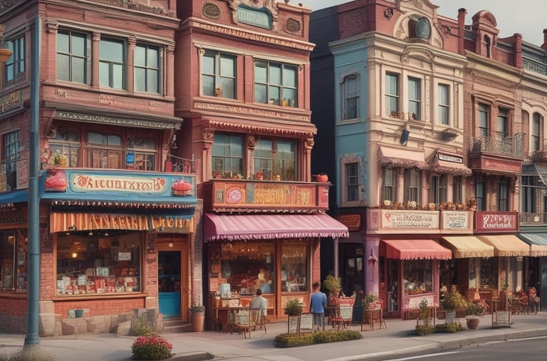 A richly stocked delicatessen displaying an array of cured meats, cheeses, and other gourmet foods. Various types of sausages and hams hang from the ceiling, while wheels of cheese and packaged goods are arranged on the countertop. There are shelves with wine bottles and boxes of pasta, creating a cozy and inviting atmosphere.