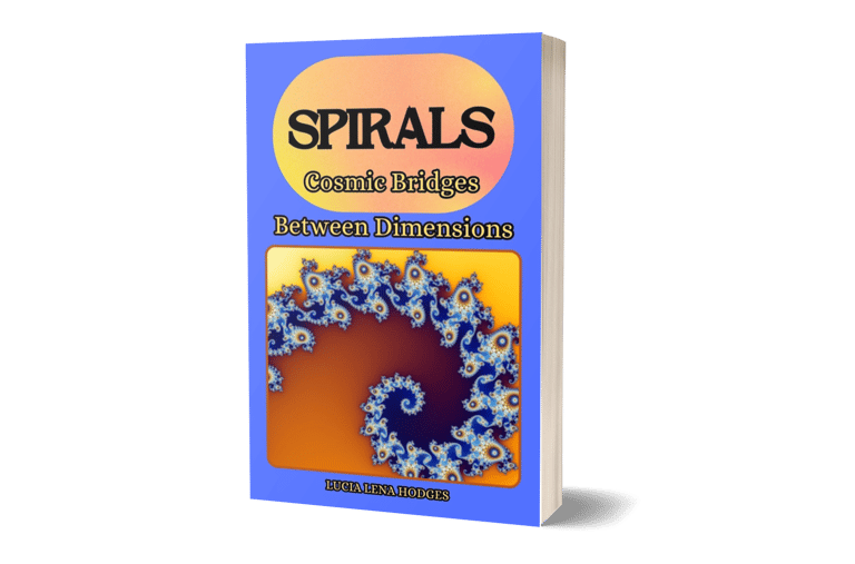 Spirals: Cosmic Bridges Between Dimensions book by Lucia Lena Hodges featuring blue fractal art.