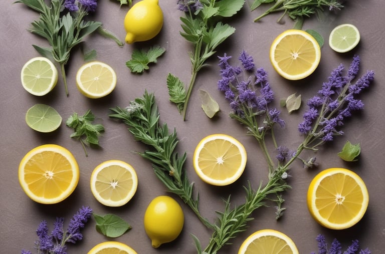Soft lavender and chamomile flowers resting beside a bottle of soothing skin care product.