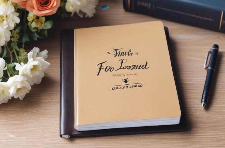 A set of four stacked journals with hardcovers and elastic bands securing them. The colors of the covers and bands include blue, black, gray, and orange. The journals are arranged neatly from a close-up perspective.