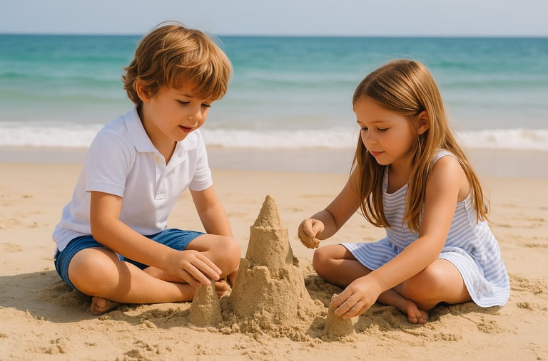 Niños construyendo castillo de arena