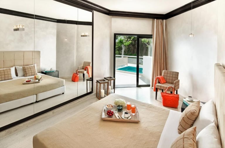 Luxury Mitsis Faliraki Beach hotel room with private pool view.