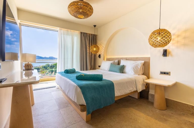 Modern luxury hotel room with sea view balcony, king bed, and stylish wicker pendant lighting.