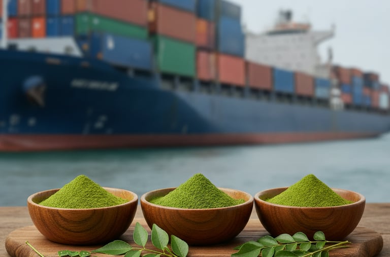 Natural green vegetable powders (Moringa, Neem, Curry) with fresh leaves, and a cargo ship for global trade.