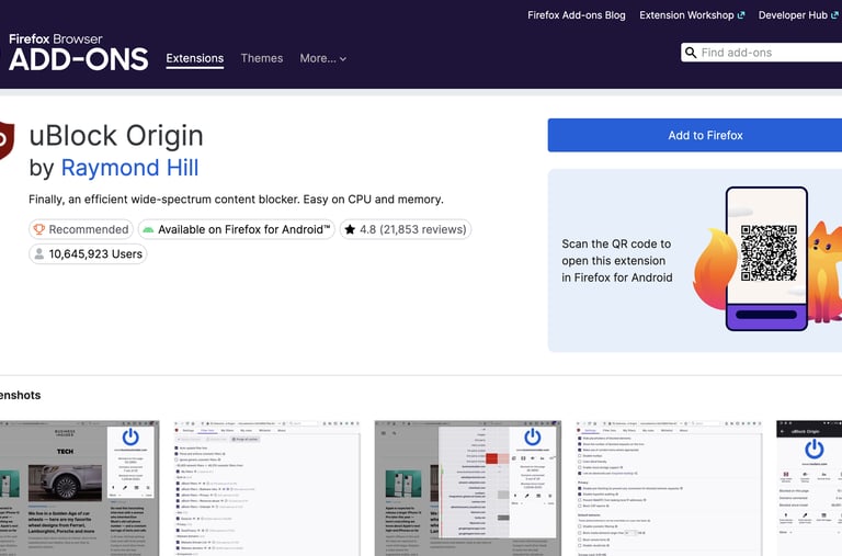 Screenshot of the Firefox Add-ons store page for the uBlock Origin content blocker extension.