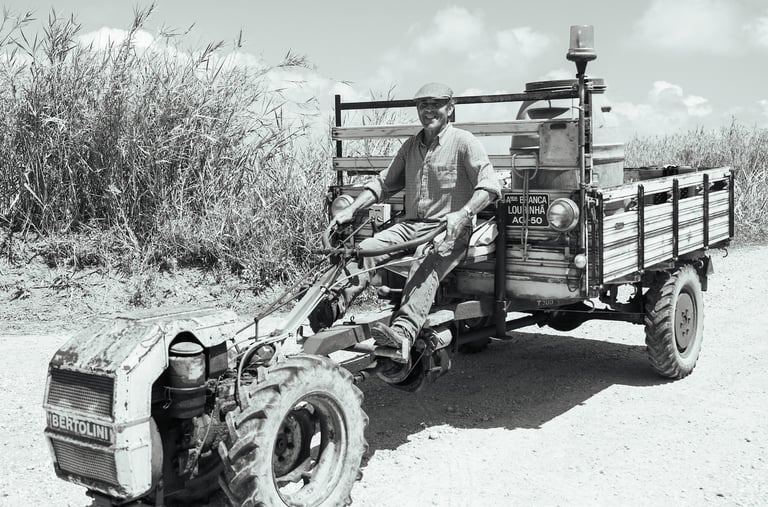 A traditional farmer is seen riding on his Bertolini 2-wheel tractor with a trailer attached, happily posing for the camera. 