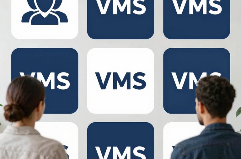 Several people are working at desks with computers displaying lines of code. The room has a modern office environment with overhead lighting and a glass partition. One person has purple hair, and another is wearing headphones.