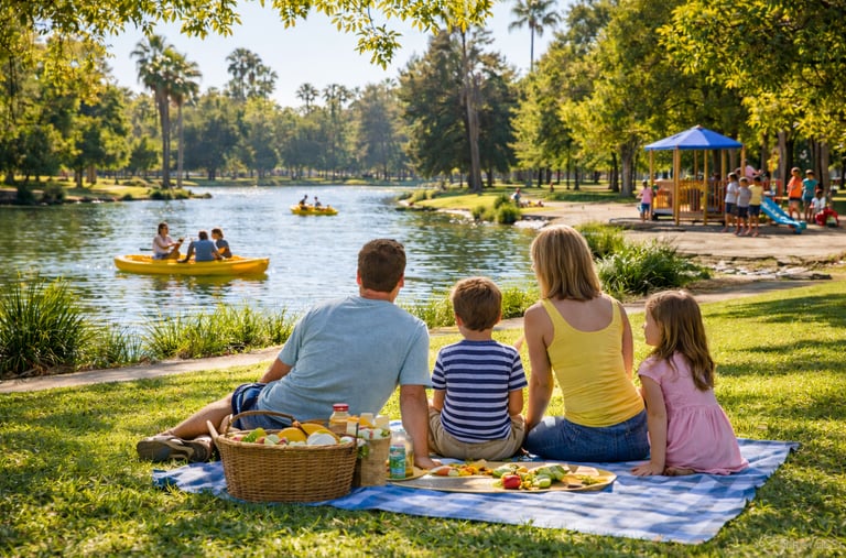 Family sitting on a picnic blanket by a lake at El Dorado Park in Long Beach with paddle boats and trees in the background