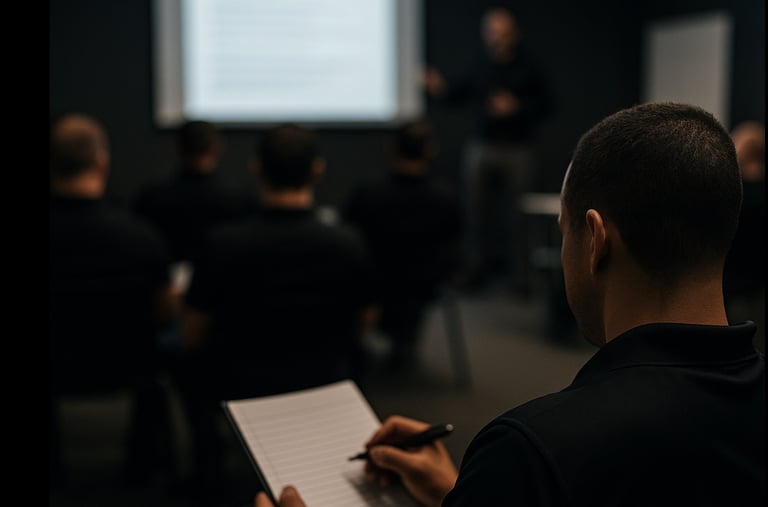 a man in a black shirt is holding a pen and writing on a paper