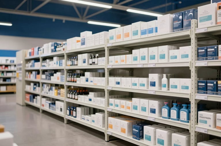 Photography of a clean, modern warehouse interior in Northern Europe. Shelves are stocked with high-quality consumer products in retail packaging. The lighting is crisp and professional, featuring off-white and deep blue tones in the background architecture.