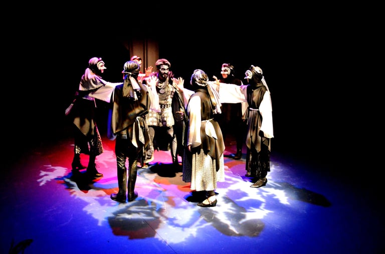 Cody Laper performing in The Burial at Thebes — a modern retelling of Antigone, exploring the clash.