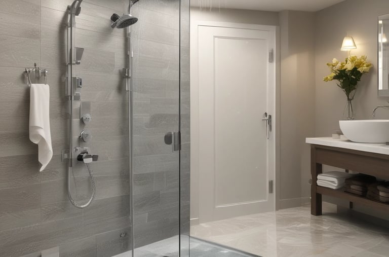 A luxurious bathroom with a detailed marble countertop and a bronze faucet. A decorative flower arrangement in a vase adds elegance. Wooden cabinets with glass doors offer storage, complemented by overhead lighting. The walk-in shower features large, diagonally laid brown tiles and a glass door.