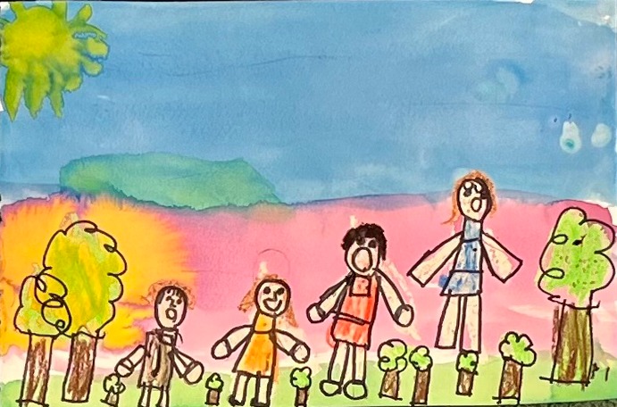 crayon and watercolor washed family portrait