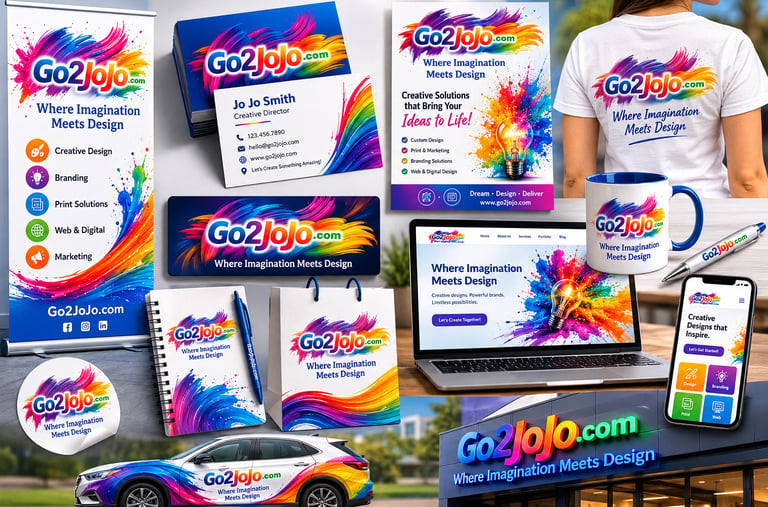 Branding kit for Go2JoJo graphic design services featuring colorful logos on business cards, stationery, apparel, and a car