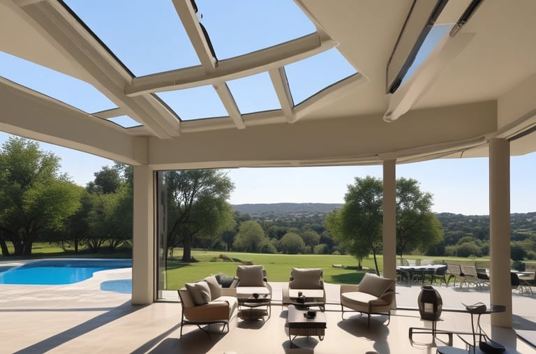 Three woven lampshades hang from a pergola structure made of white beams, with a bright blue sky in the background. Lush green plants rise up to fill the view, creating a natural contrast against the geometric lines above.