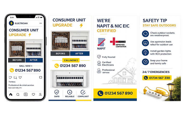 Social media marketing service dashboard for local electrician businesses.