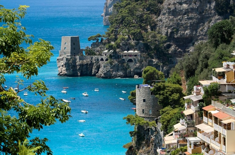 Amalfi Coast with cliffs and the turquoise Tyrrhenian Sea