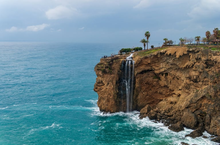 Lower Duden Waterfall flows into the Mediterranean Sea in Antalya, Turkey