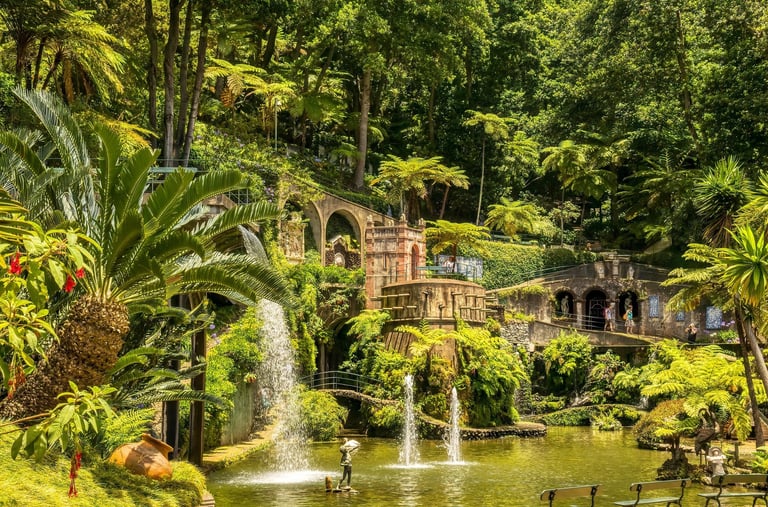 Monte Palace Tropical Garden with lush greenery, a pond, and a fountain