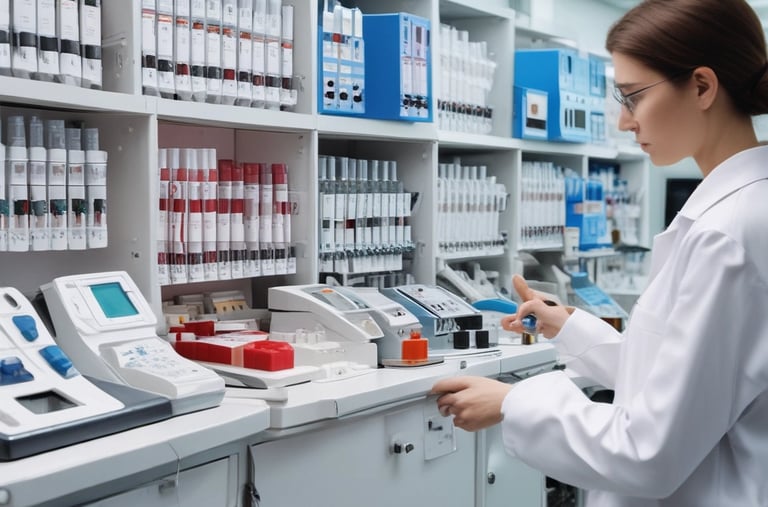 A person wearing a white lab coat and blue gloves is working in a laboratory setting surrounded by various lab equipment. Brightly colored storage boxes in red, yellow, blue, and purple are stacked on shelves. The individual is handling test tubes and operating a piece of laboratory machinery.