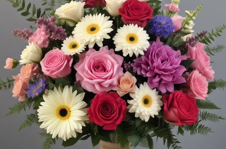 A bustling flower shop with vibrant floral arrangements behind glass. Several people are gathered outside, admiring the array of colorful flowers, including lilies and roses. The shop is well-lit, creating a warm and inviting atmosphere.
