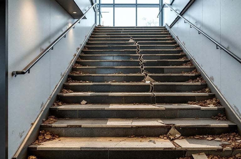 Escalera rota y peligrosa en edificio comercial, con escalones dañados y azulejos faltantes.