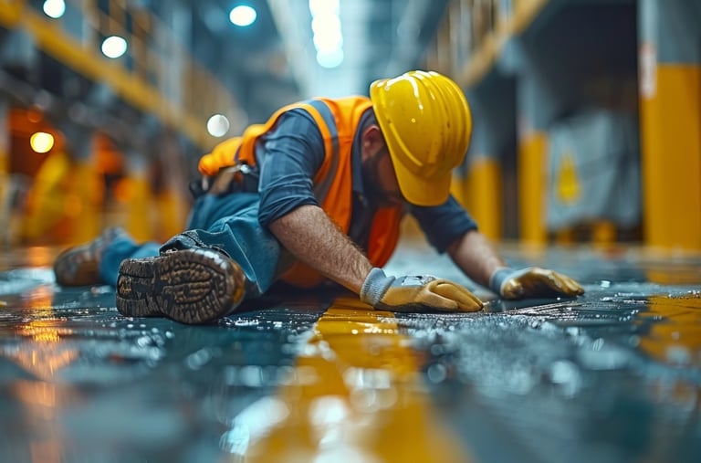 Trabajador con casco y chaleco de seguridad caído en el suelo mojado de una fábrica o almacén industrial.