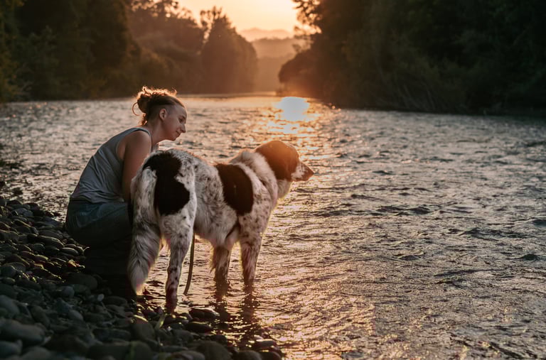donna e cane al tramonto sul fiume