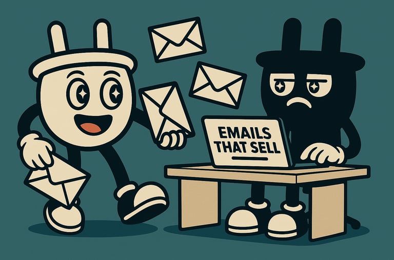 Plugsy cheerfully delivers flying envelopes while Smugsy sits at a desk typing on a laptop labeled ‘