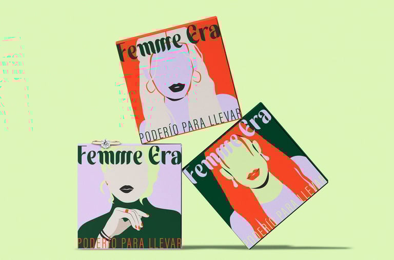 Vista general de los diferentes diseños de empaque de Femme Era, incluyendo cajas y bolsas, todos coherentes con la identidad