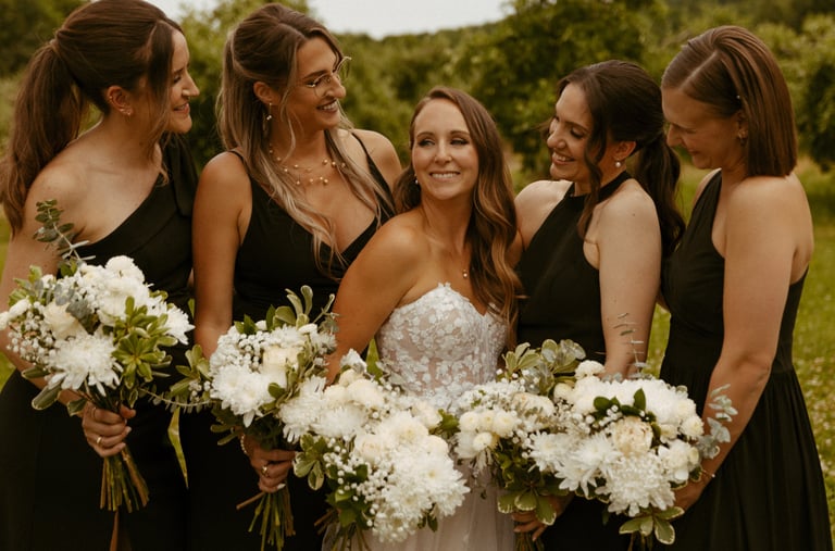Une mariée en robe blanche souriant à ses demoiselles d'honneur
