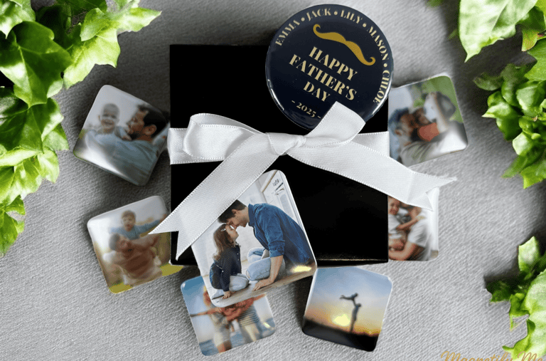 Personalized Father's Day gift box with custom photo magnets and a white ribbon bow.