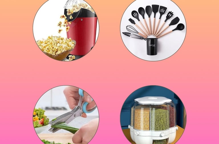 a bunch of different types of kitchen utensils with various lifestyle goods and kitchen items