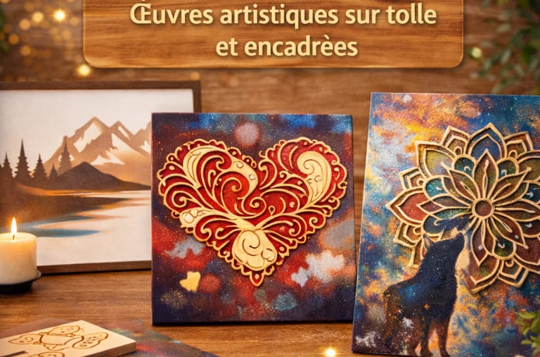 Collection of colorful artistic canvas paintings and framed wall art featuring a heart and wolf.