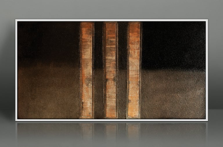 Modern abstract canvas wall art featuring three textured copper vertical stripes on a dark gradient background.