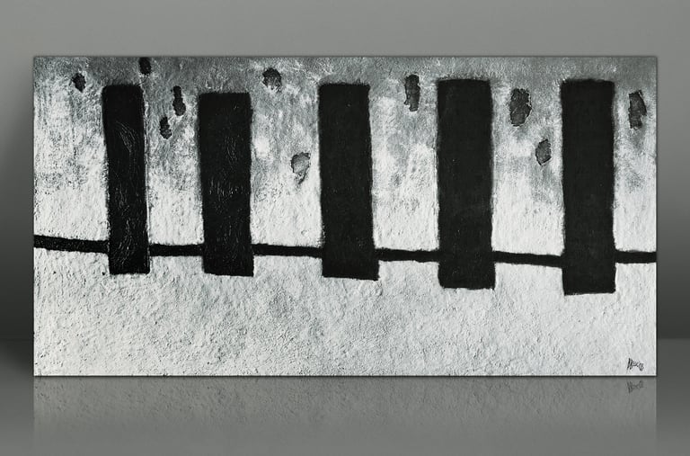 Abstract black and white canvas wall art featuring textured vertical rectangles on a minimalist background.