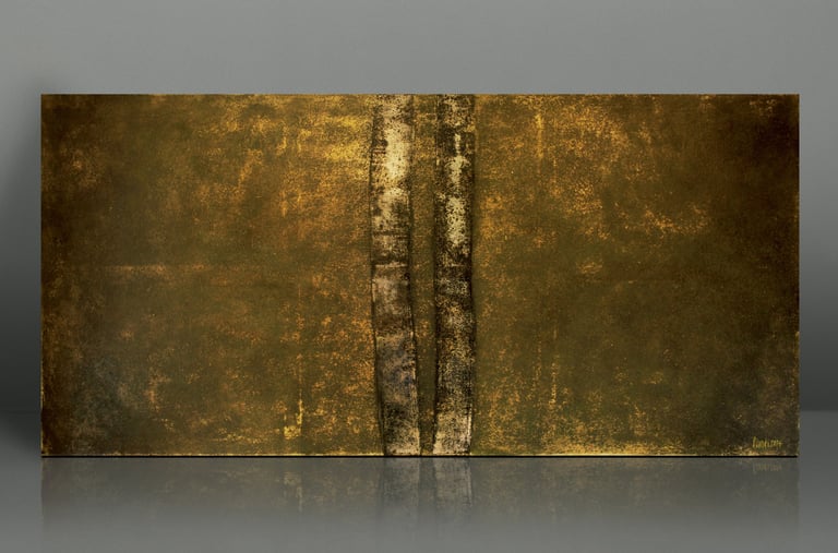Abstract horizontal painting with metallic gold texture and two vertical dark columns on a textured canvas.