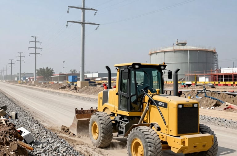 A wide shot of an industrial plant with pipelines and heavy machinery under a clear sky.